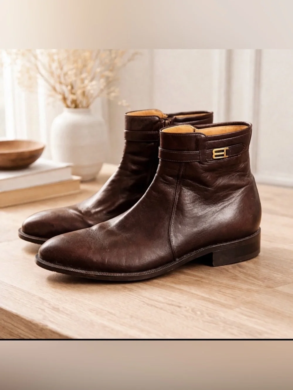 Bally Brown Leather Ankle Rudy Boots with Golden Buckle size 8.5